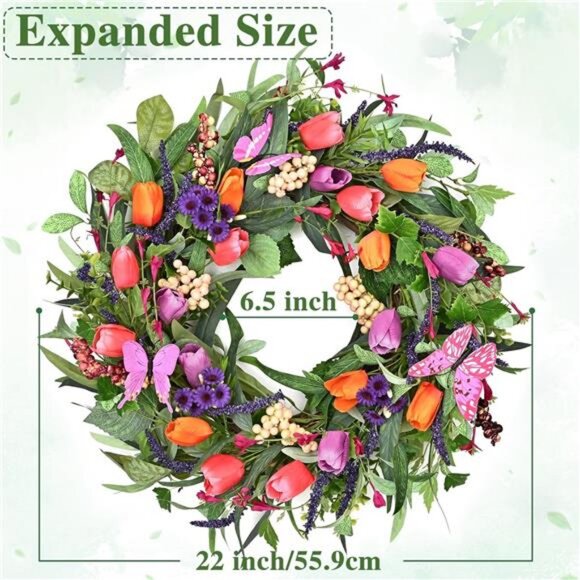 22in Spring Wreath, Spring Summer Wreaths for Front Door, Tulip Wreath - Picture 3 of 7